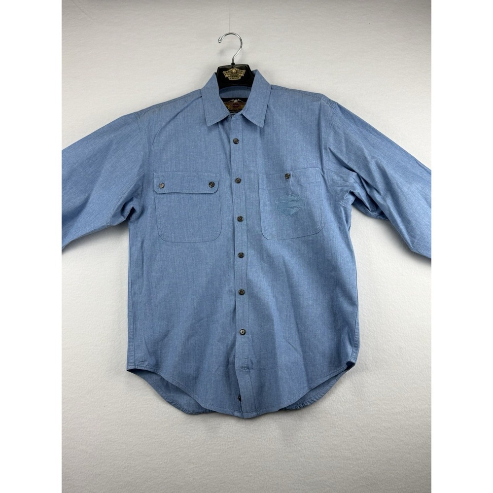 Harley Davidson Shirt Mens L Blue Button Up Chambray Workwear Logo Cotton‎